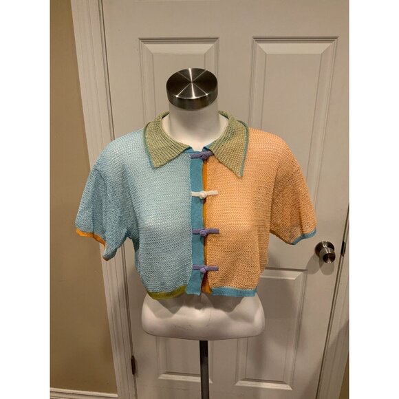 Yan Yan Light Blue Green Orange Loose Knit Cropped Cardigan $325